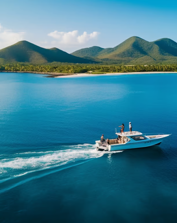 a boat traveling through the ocean with mountains in the background a boat traveling through the ocean with mountains in the background