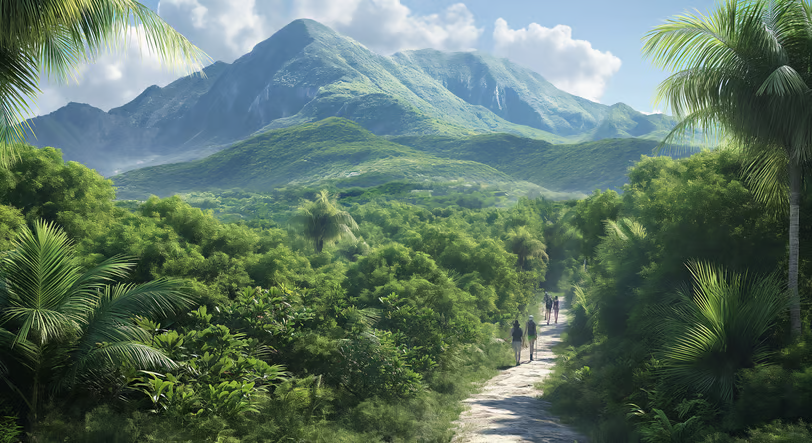 a group of people walking down a dirt road a group of people walking down a dirt road