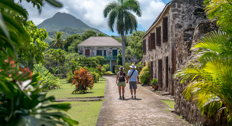 a couple of people walking down a path in Nevis a couple of people walking down a path in Nevis