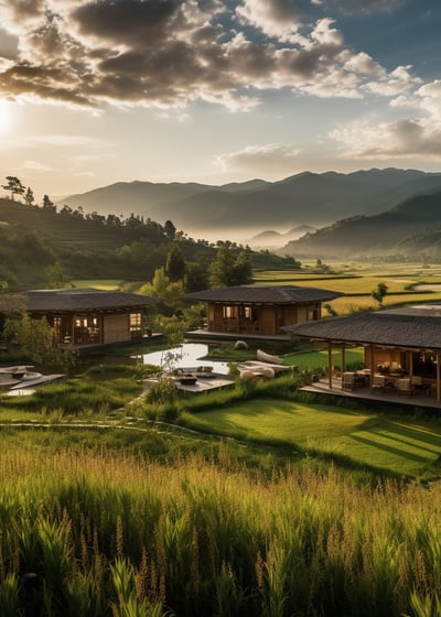 realistic image of an eco-friendly resort in punakha