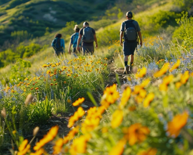 Group of friends hiking in Lake County's lush landscapes, surrounded by natural beauty Group of friends hiking in Lake County's lush landscapes, surrounded by natural beauty
