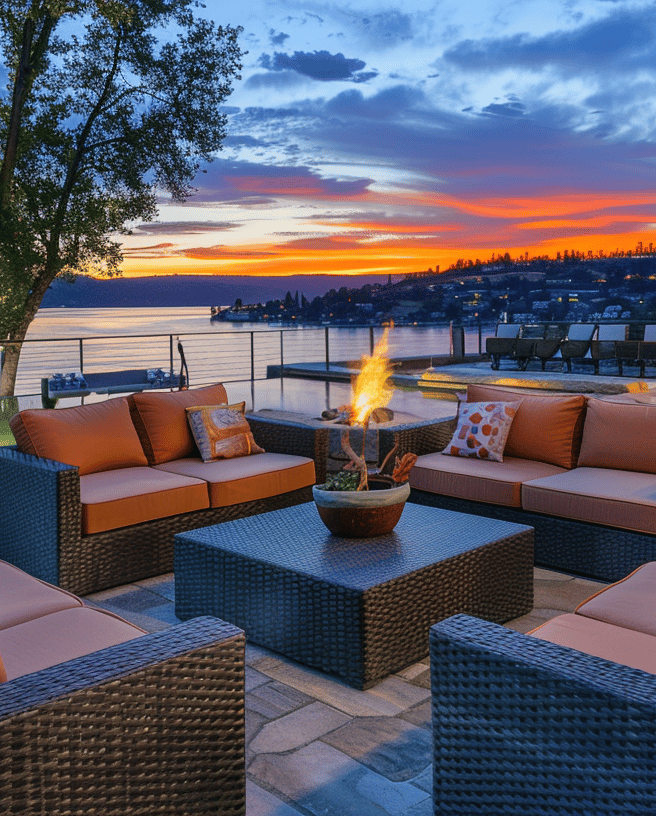 Luxurious outdoor lounge in Lakeport with comfortable seating and breathtaking views of Clear Lake at dusk. Luxurious outdoor lounge in Lakeport with comfortable seating and breathtaking views of Clear Lake at dusk.