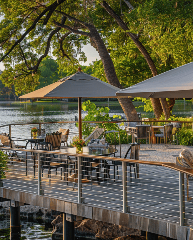 Inviting lakeside patio dining area in Lakeport with a private dock overlooking Clear Lake. Inviting lakeside patio dining area in Lakeport with a private dock overlooking Clear Lake.