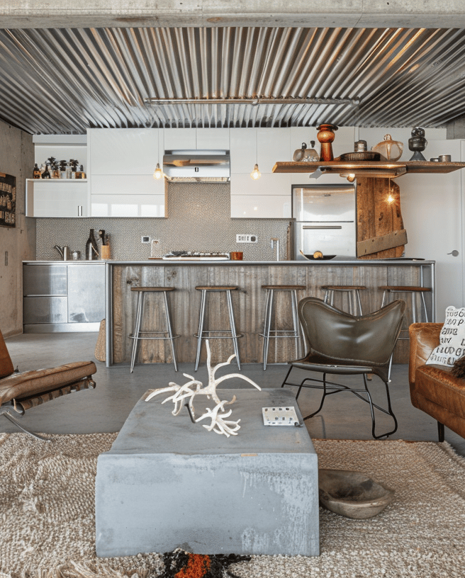 Stylish modern rustic living room in a Lakeport vacation home, blending concrete elements with warm, homely furnishings. Stylish modern rustic living room in a Lakeport vacation home, blending concrete elements with warm, homely furnishings.