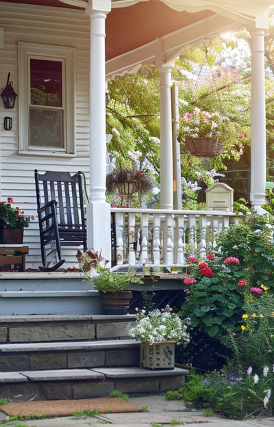 Charming cottage in Lakeport featuring a cozy porch with lush potted plants and welcoming wooden steps. Charming cottage in Lakeport featuring a cozy porch with lush potted plants and welcoming wooden steps.