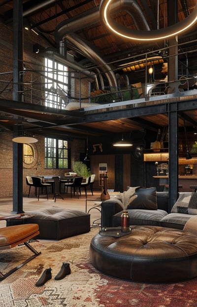 Rustic industrial chic interior of a Lakeport vacation rental with a unique circular balcony and eclectic decor. Rustic industrial chic interior of a Lakeport vacation rental with a unique circular balcony and eclectic decor.