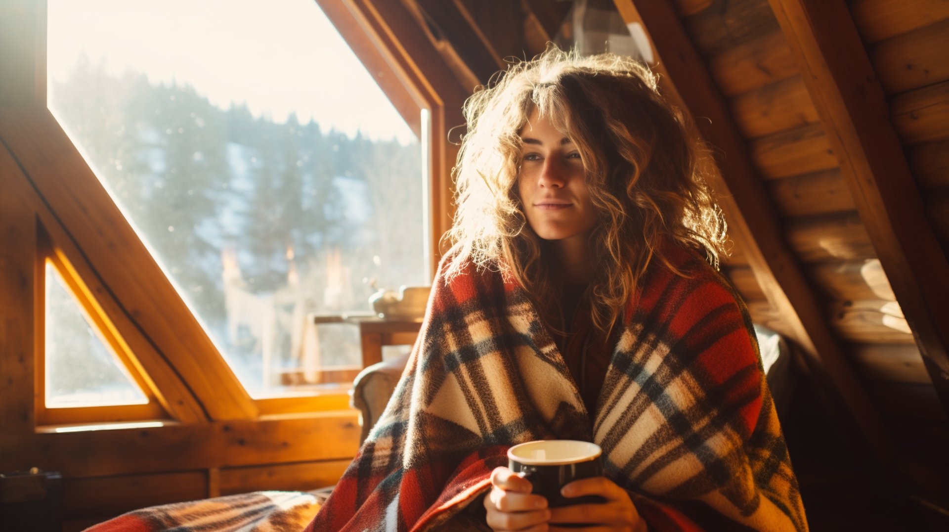 female wrapped in check blanket with a mug of coffee