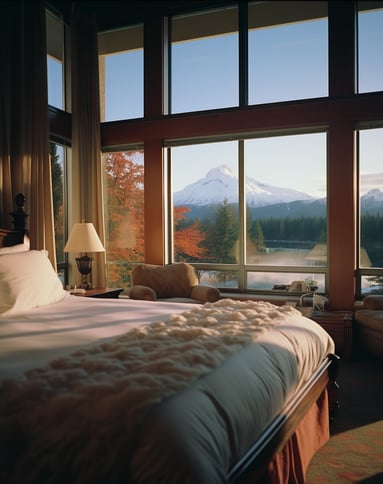 hotel bedroom big windows showing mountain views