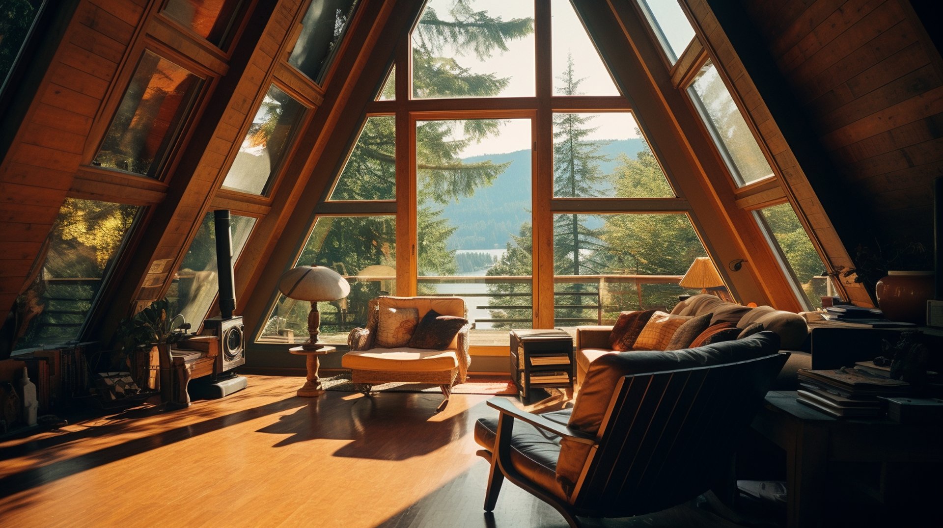 interior of a frame log cabin with a wooden cabin