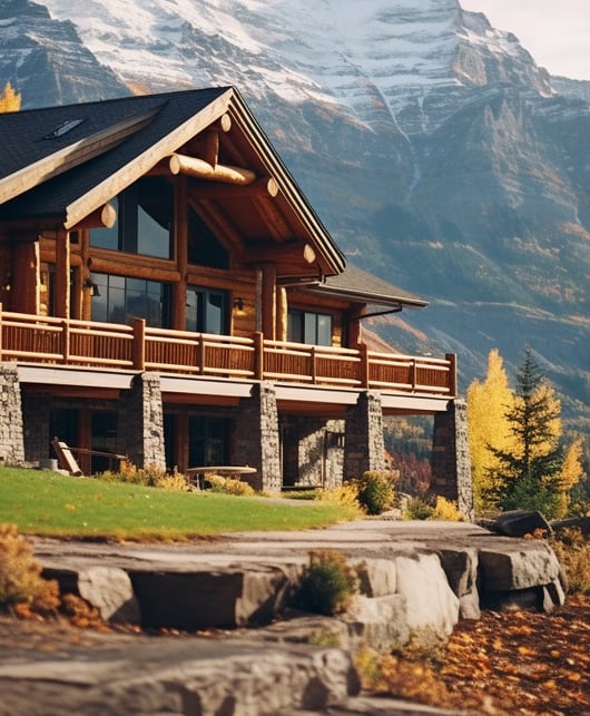 luxury log cabin showing mountain scenery