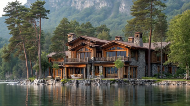 a house beside by Lake Tahoe with mountains in the background