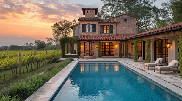 a house with a pool and a vineyard outside