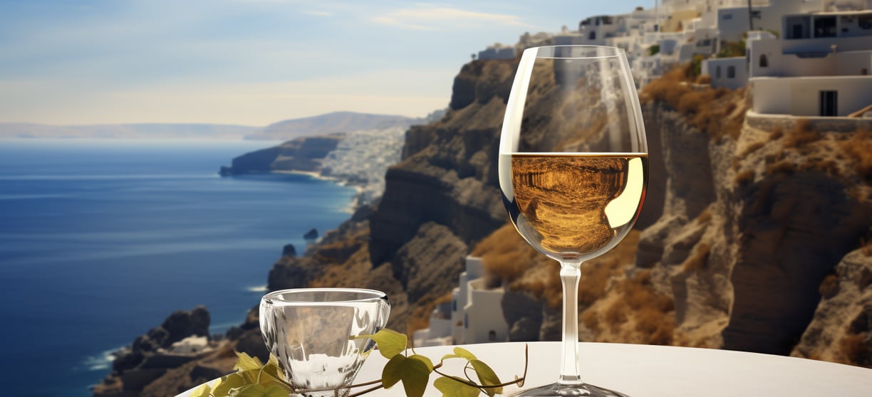 a glass of wine on a table with a view of the sea
