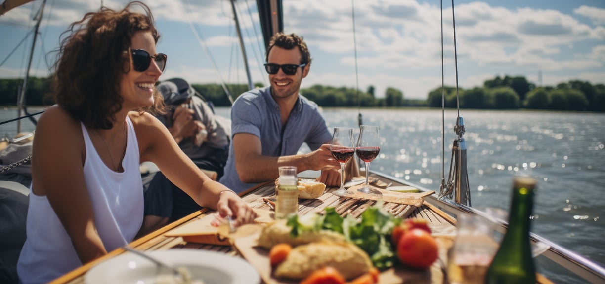 a man and woman drinking wine and eating food on the boat