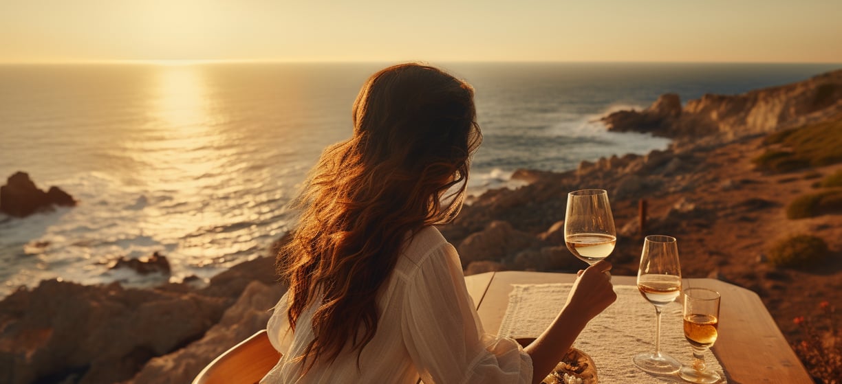 a woman sitting at a table with wine glasses
