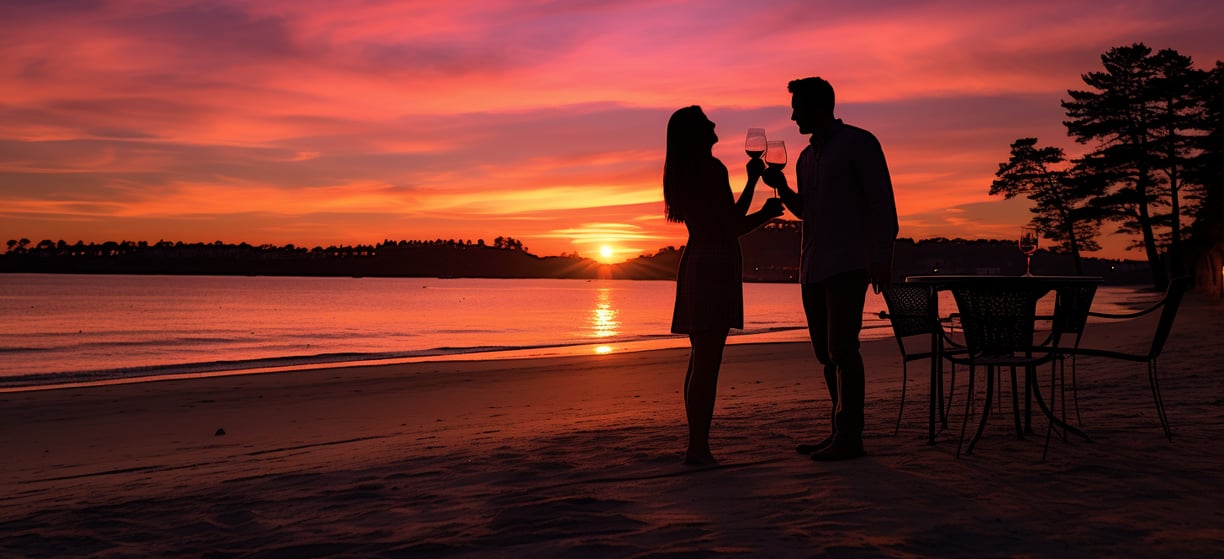 A couple holding wine glasses on a beach at sunset.