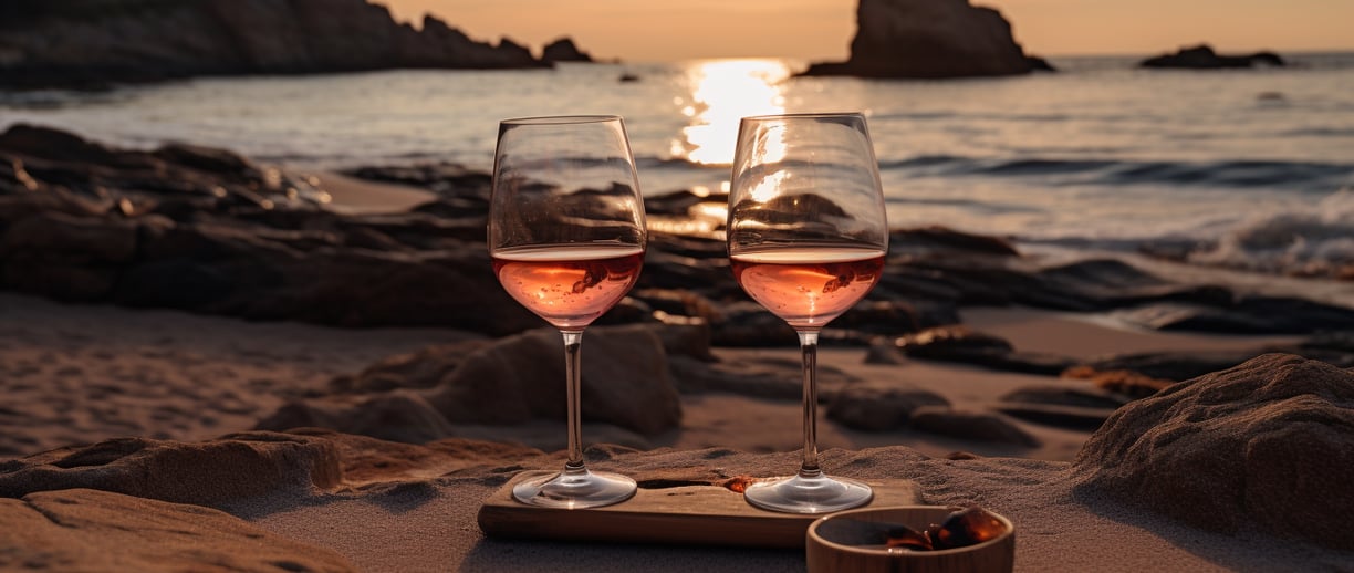 two wine glasses on a tray by the beach