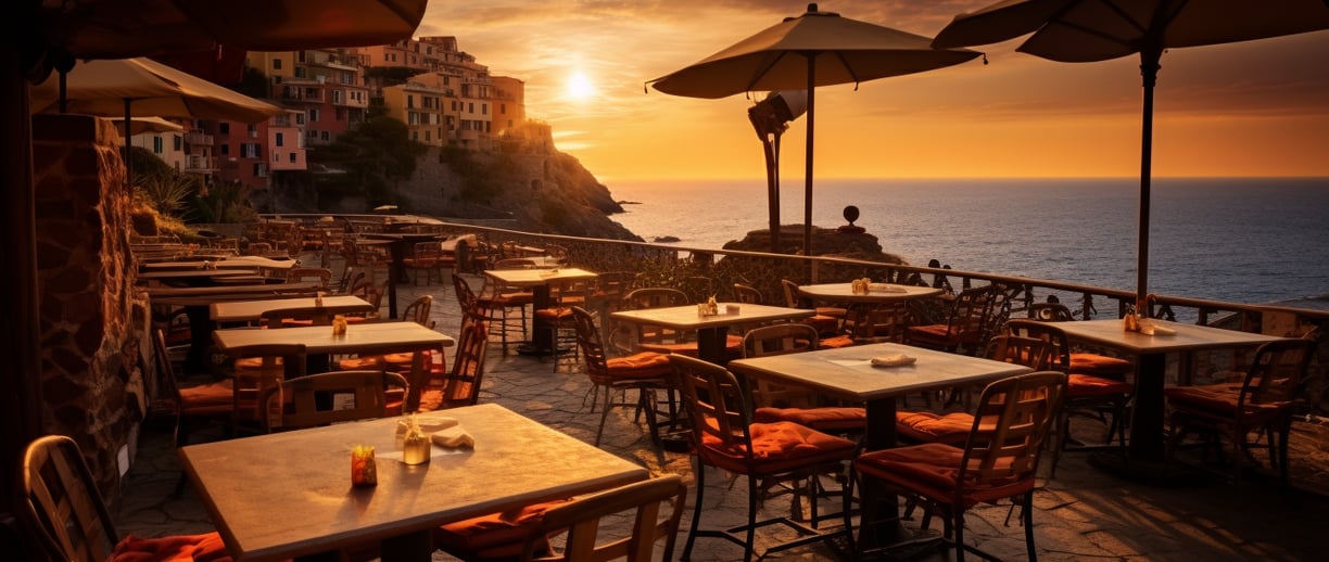 a restaurant with tables and umbrellas on a sunny day