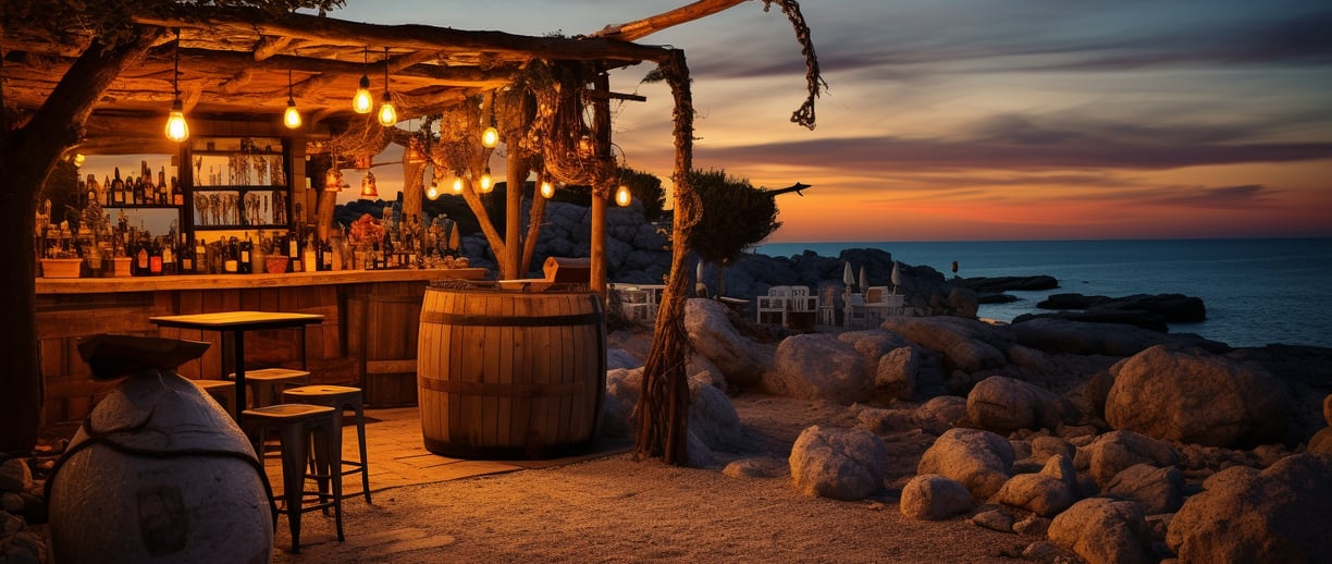 a bar with bar stool with the view of the sea