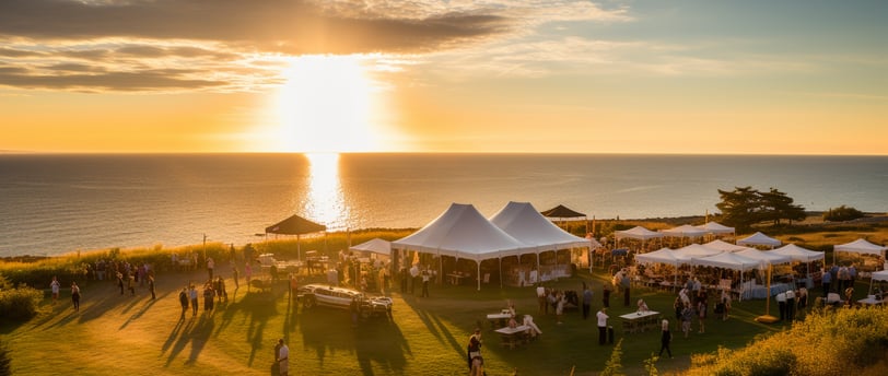 a group of people standing around a tent with tents and tents