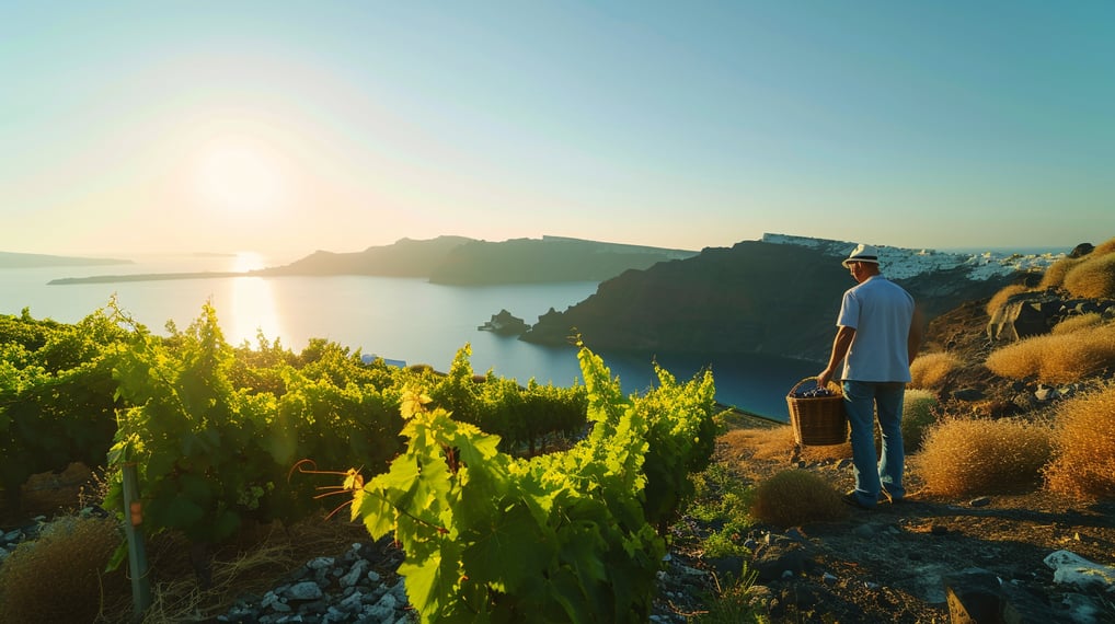 A man stands on a hill, gazing at the ocean and lush vineyards below, capturing a serene moment in nature.