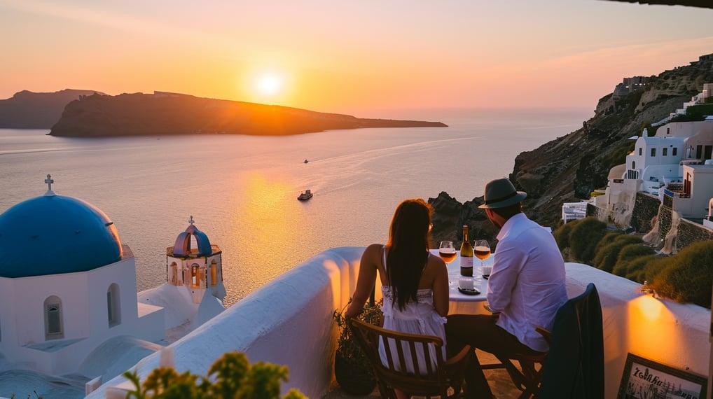 A couple embraces as they watch the sunset over the stunning landscape of Santorini, Greece, creating a romantic atmosphere.