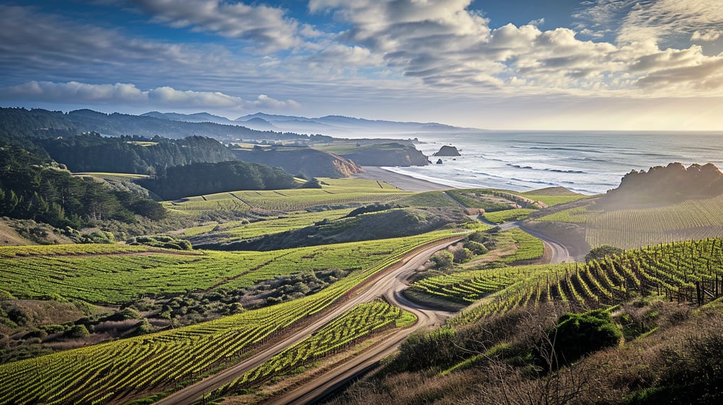 A picturesque landscape featuring the ocean alongside lush vineyards under a clear blue sky.