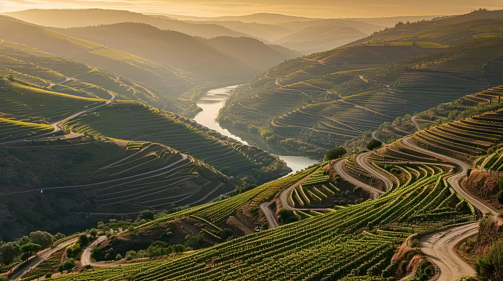 Scenic Douro Valley in Portugal, famous for its terraced vineyards along the river, showcasing stunning landscapes.
