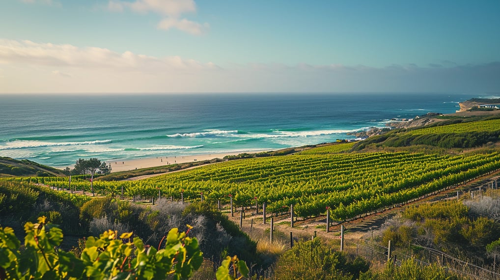 Scenic vineyard overlooking ocean from hillside.
