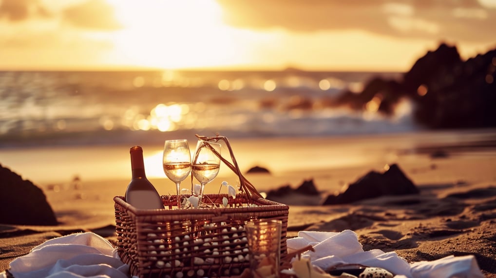 A picnic basket on the beach with two glasses of wine, perfect for a romantic evening by the sea.