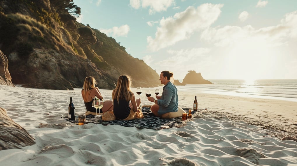 Three individuals enjoying wine on the beach.
