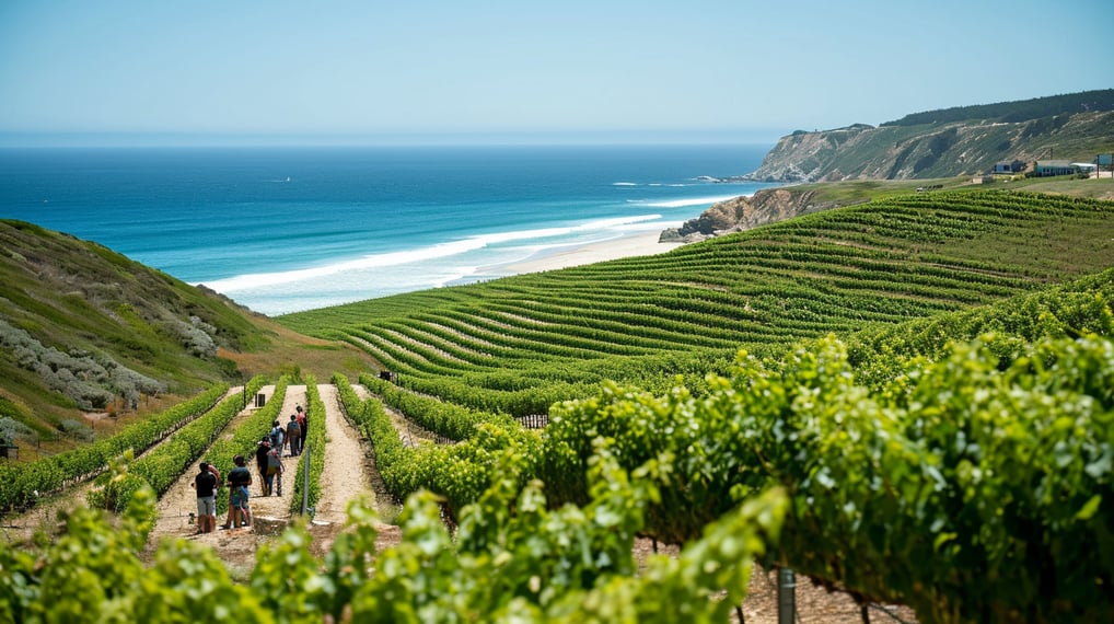 Group of people strolling in vineyard with ocean backdrop.