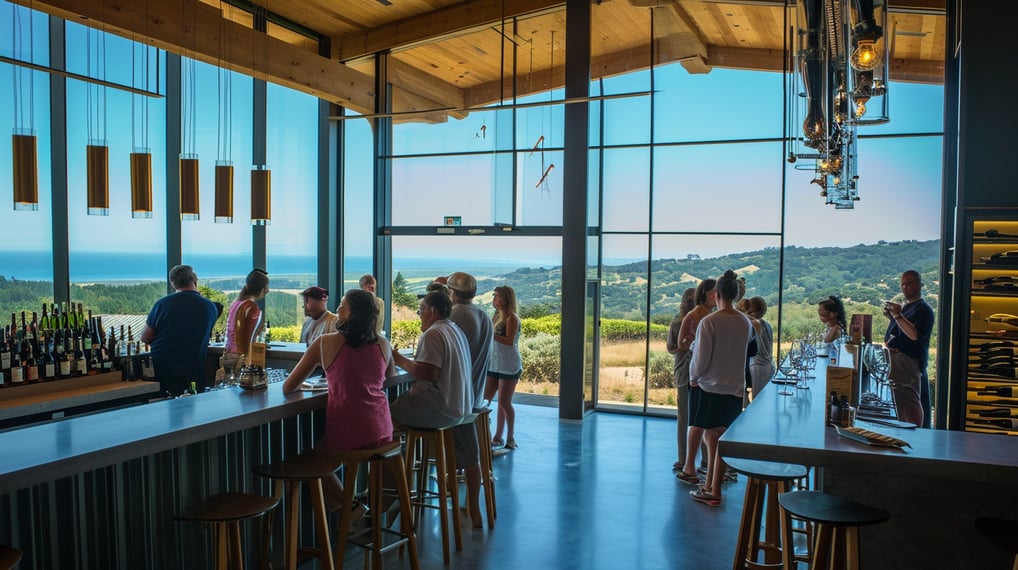 People enjoying wine tasting at the bar in a cozy room.