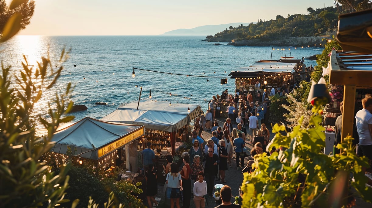 A bustling outdoor market on the beach with a diverse crowd of people browsing stalls and enjoying the sunny weather.