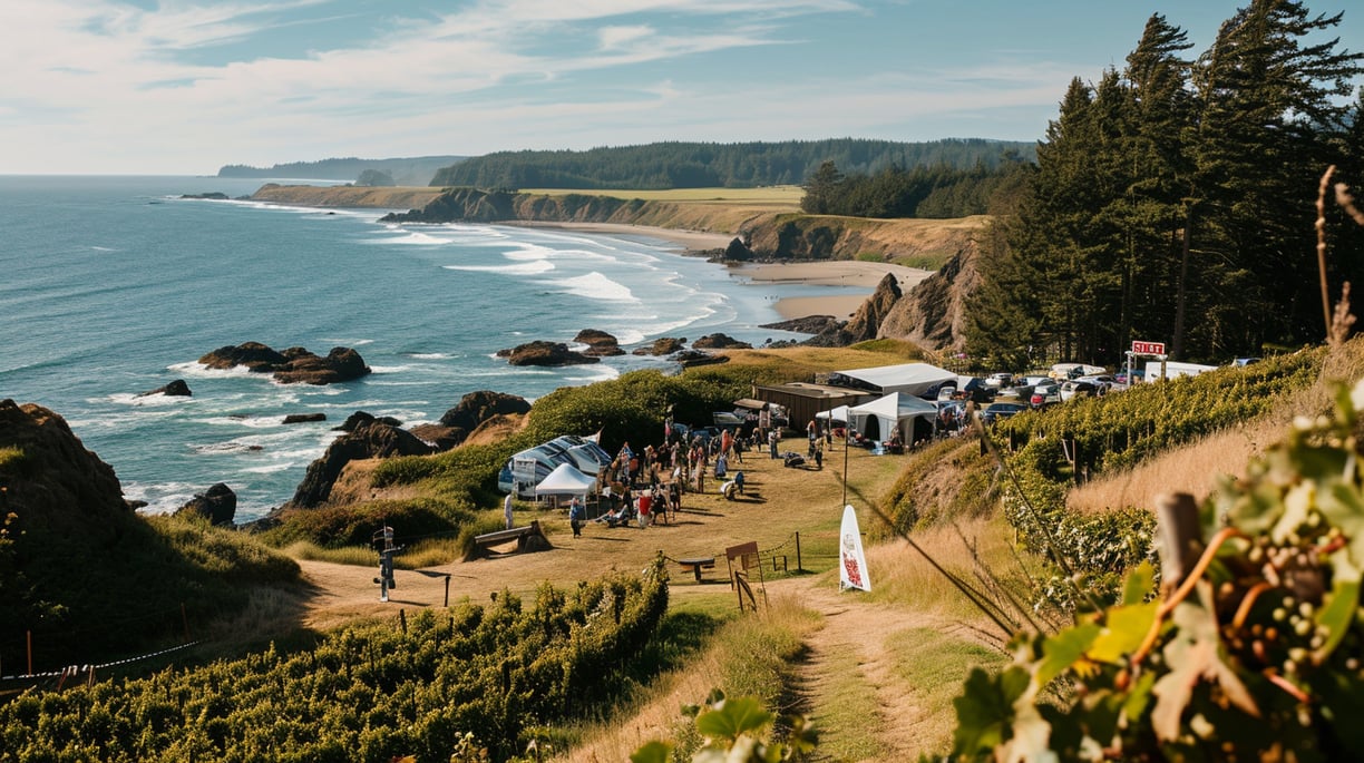 a group of people standing on a hill with a view of the ocean
