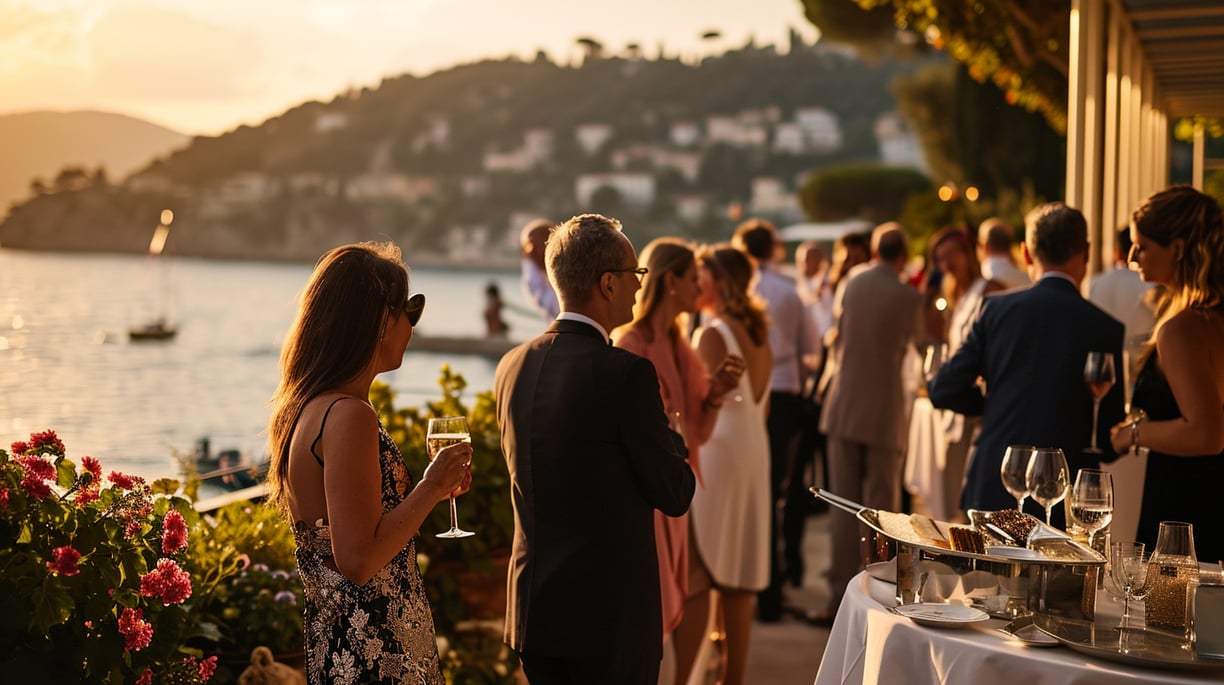 a group of people standing around a table with wine