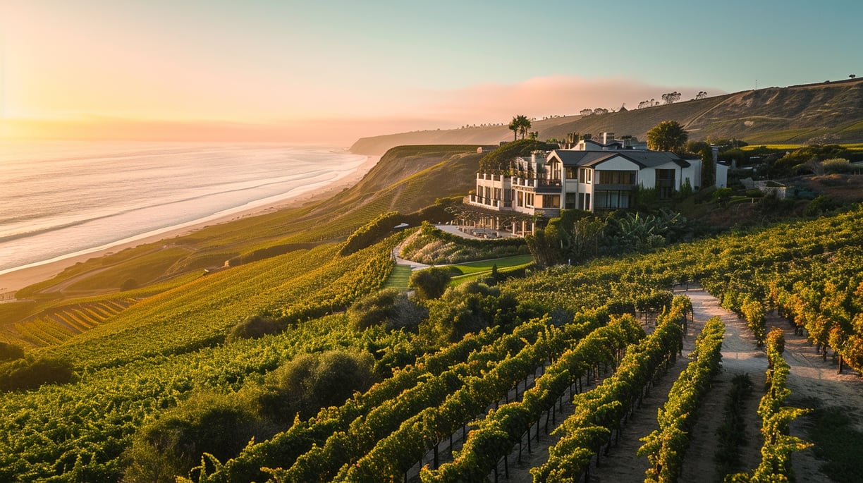 a resort a view of the ocean and a vineyard