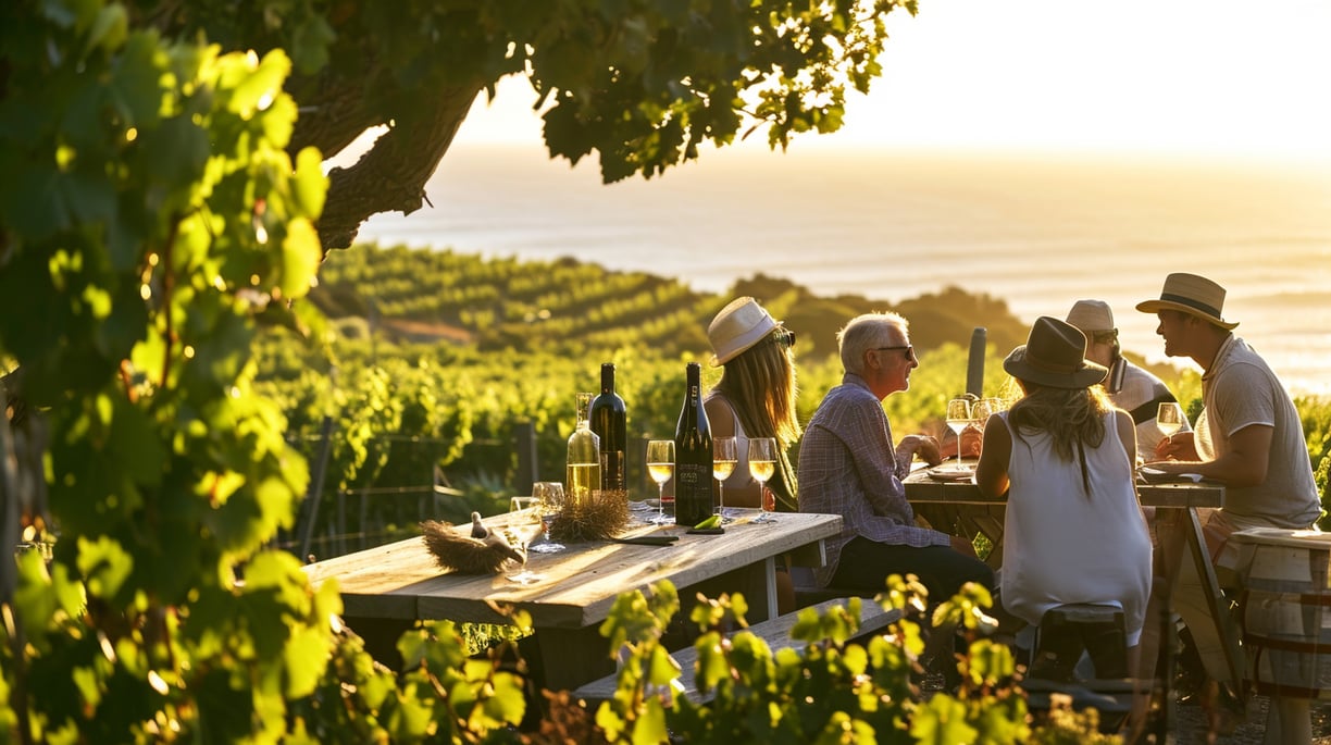 a group of people sitting at a table with wine glasses and wine glasses