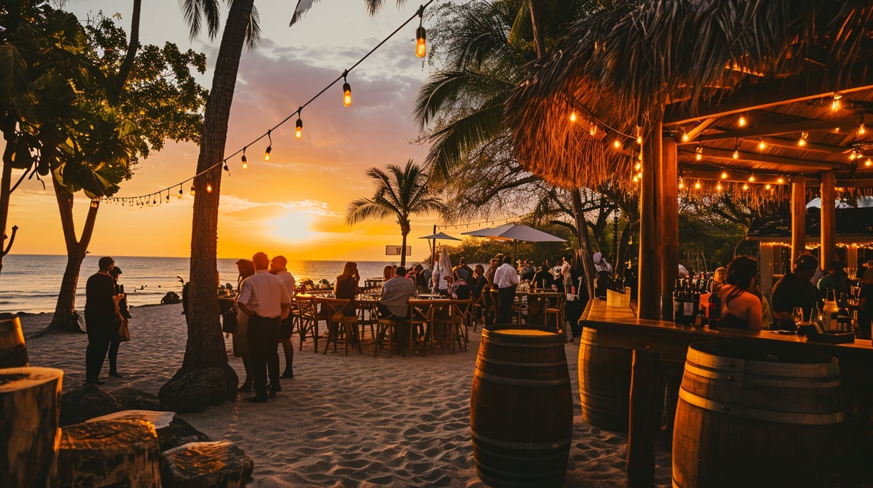 a beach bar with a sunset in the background