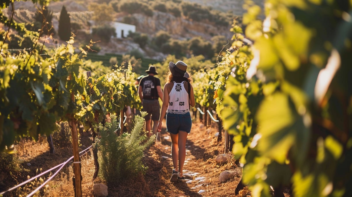 a couple of people walking through a vineyard in greece