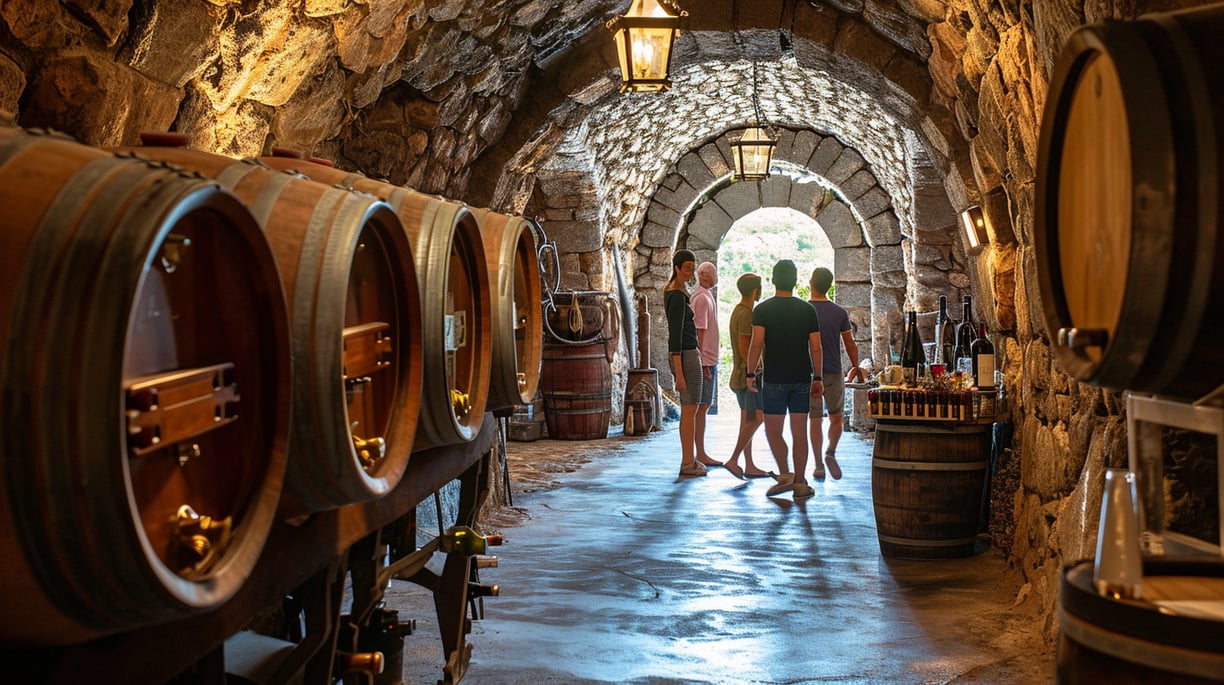 a group of people walking through a tunnel in a stone wall