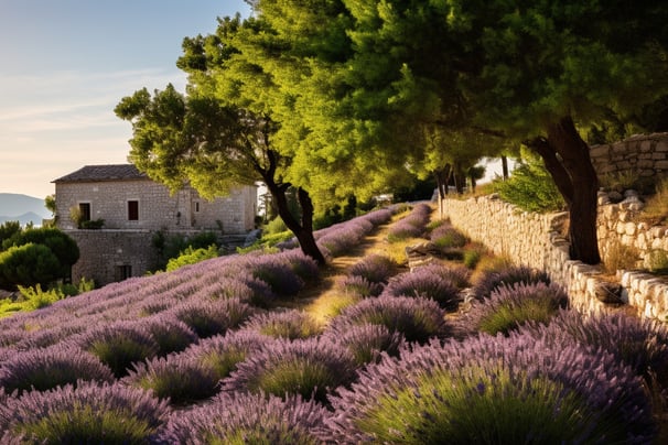 A picturesque view of lavender fields basking in the sun's warm glow