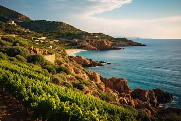 A breathtaking view of the ocean blending with lush vineyards under a clear blue sky.