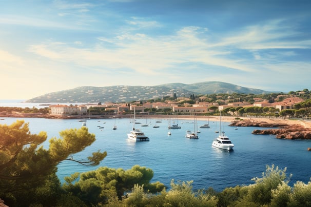 A stunning bay in Saint-Laurent, France, with clear blue waters and a picturesque coastline.
