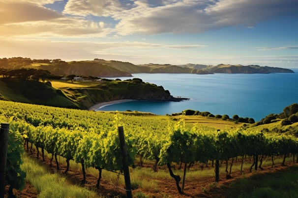 A scenic view of Waiheke Island, New Zealand, showcasing its lush greenery and stunning coastal landscapes.