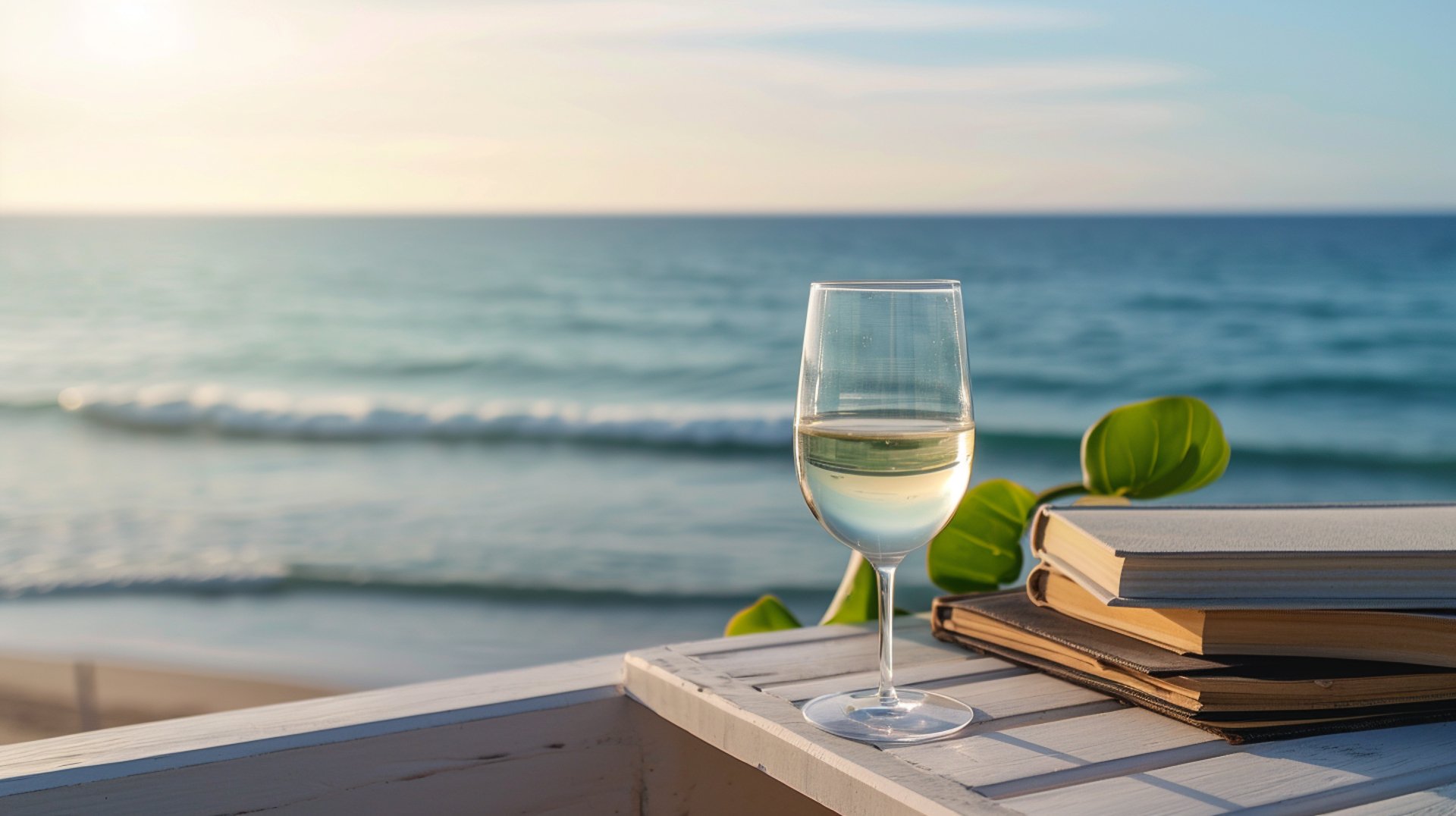 A glass of champagne beside a stack of books on a table, with the ocean waves gently lapping in the background.
