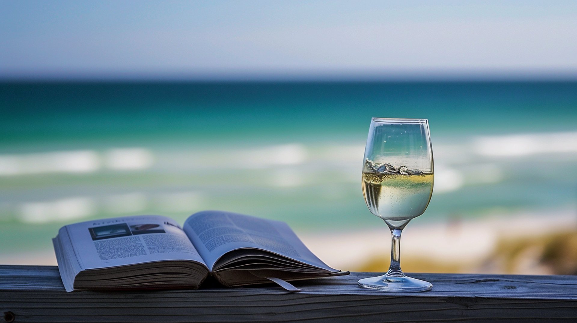 A glass of champagne and an open book on a sandy beach, perfect for a relaxing day by the ocean.