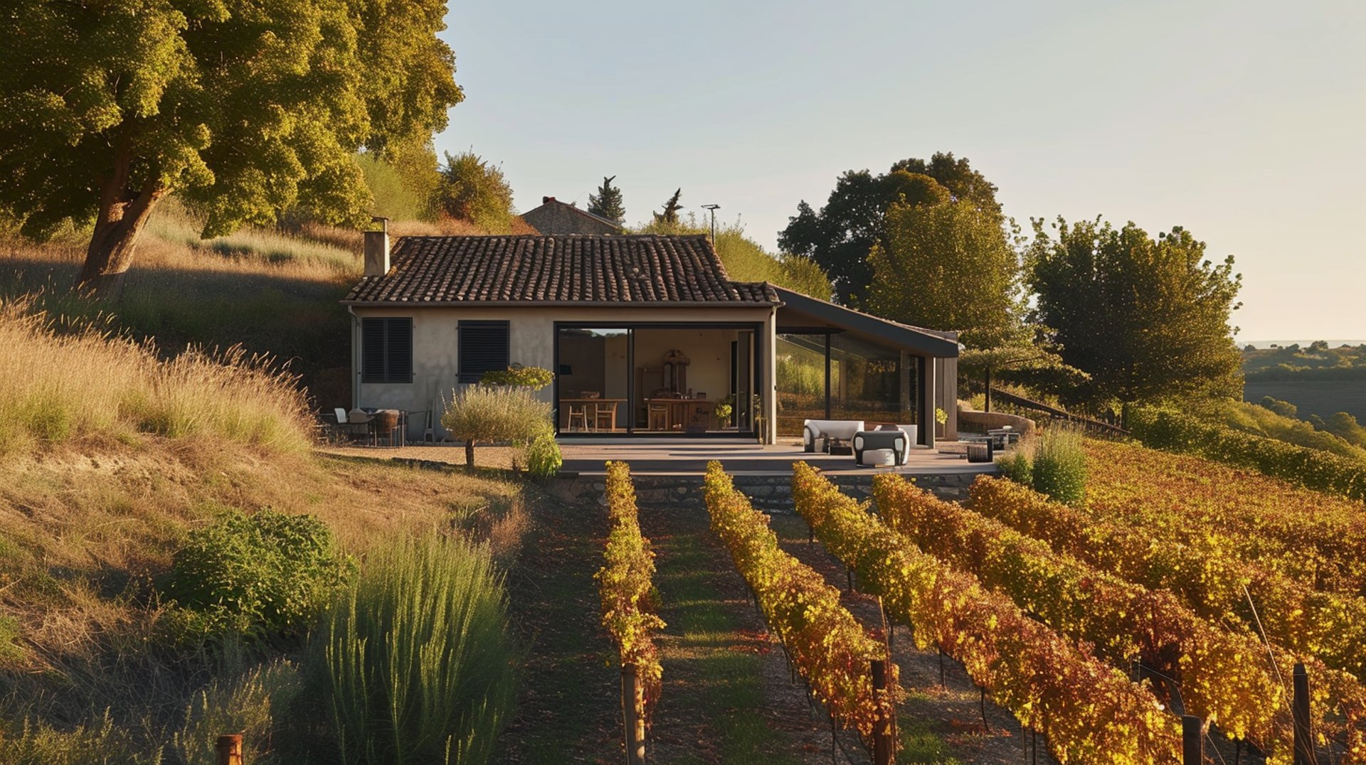 A picturesque countryside house surrounded by lush vines cascading down the hillside, embodying serene rural charm.