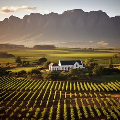 Scenic vineyard field with mountains in background.