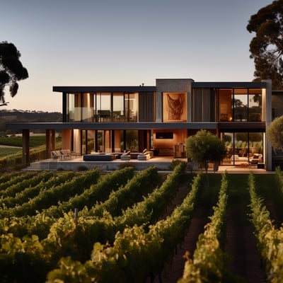 A contemporary home enveloped by lush vines, situated in the heart of a picturesque vineyard landscape.